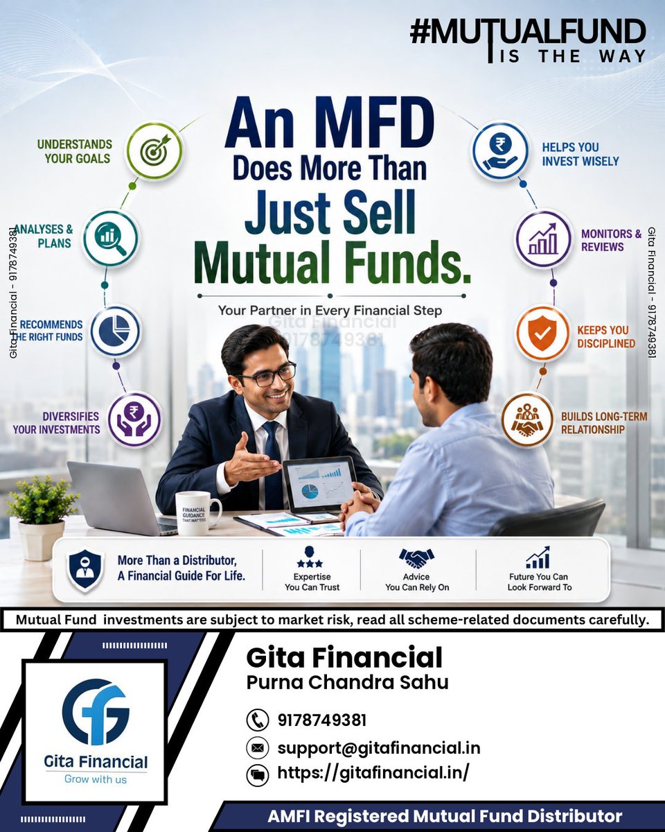 Growfirstt's tweet photo. 🤝📈 An MFD does more than sell mutual funds they understand goals, build plans, guide investments, and support you throughout your financial journey. 💙✨ 
#gitafinancial #stockmarket #financialexpert #invest #mutualfundsahihai #mfd https://t.co/kYjb2VY7mU
