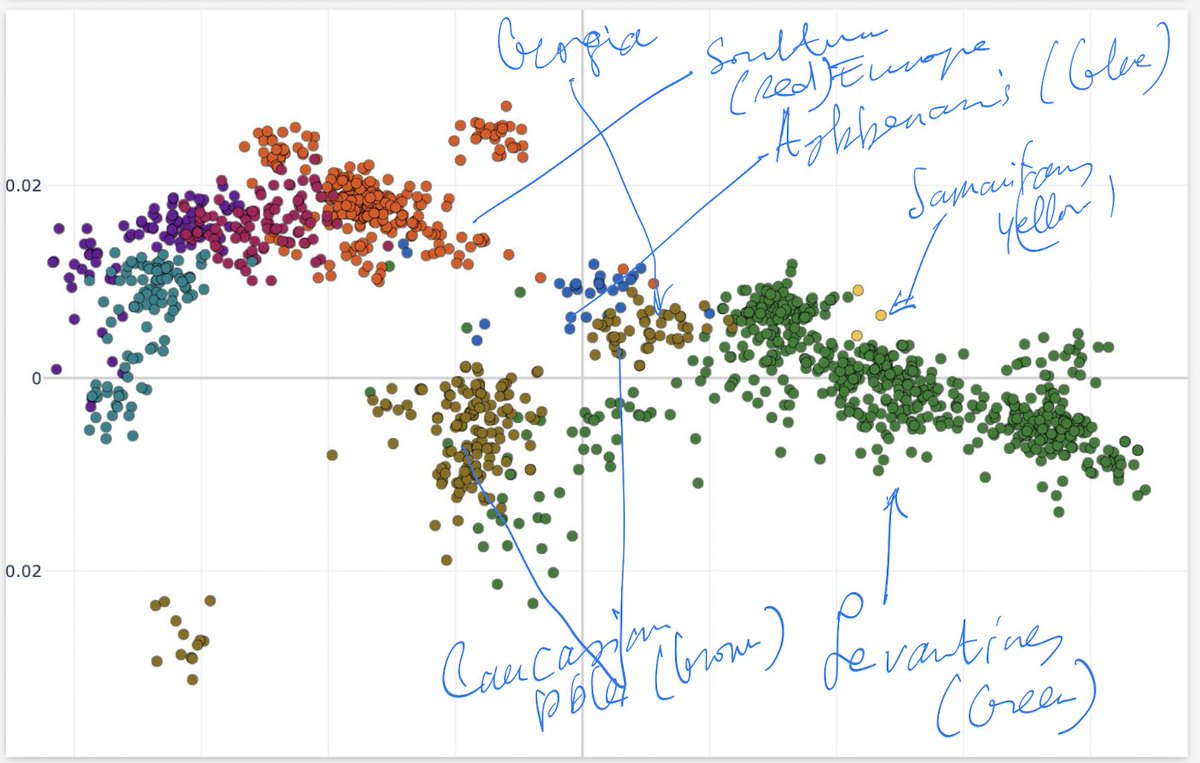 nntaleb's tweet photo. In the process of putting a dent in the theory that  "Ashkenazis have some Levantine origin".
The claim: "The AJ cluster sits on the Europe–Levant cline betw S. Italians & Levantines on PC1/PC2."

No, if the "cline" includes the Caucasus, then it sits BEYOND Georgia/Armenia, ar. the BLACK SEAN.