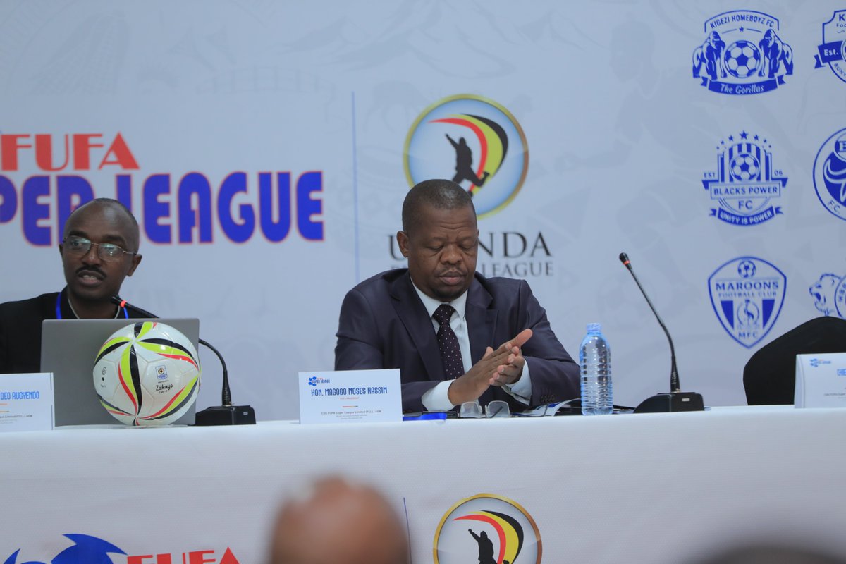 UPL's tweet photo. FUFA President Hon. Magogo Moses Hassim is present at the 13th FUFA Super League Limited (FSLL) Annual General Meeting at HB Hotel in Hoima City.
#13thFSLLAGM https://t.co/gvEv6V3nlu