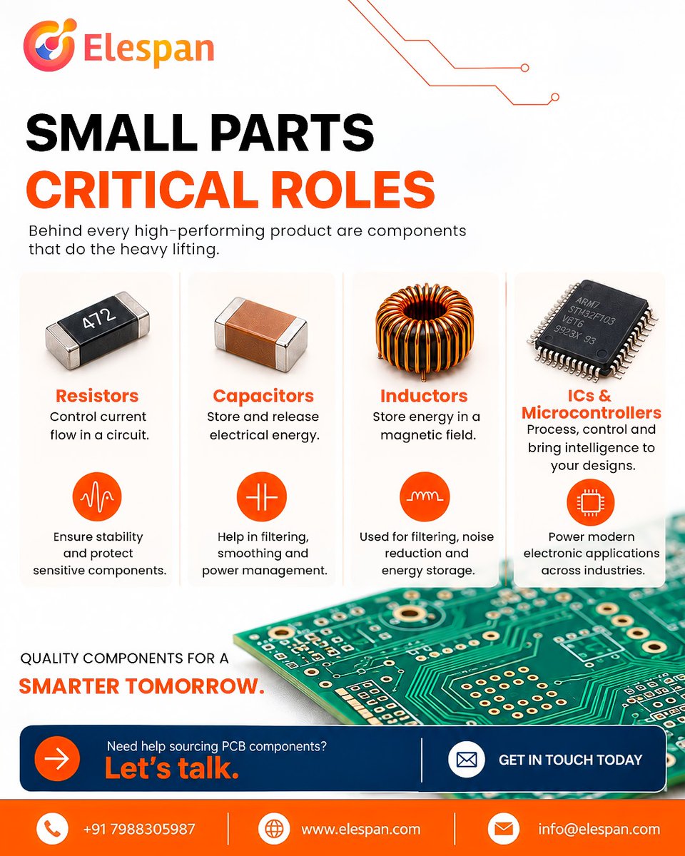 elespan_1's tweet photo. Small parts. Critical roles. ⚡
Quality PCB components that power smarter, more reliable electronics.

🌐 https://t.co/YmHOnvuHRN | 📞 +91 7988305987

#ELESPAN #PCBComponents #Electronics #PCB #Innovation https://t.co/uAcvYu2Qfz