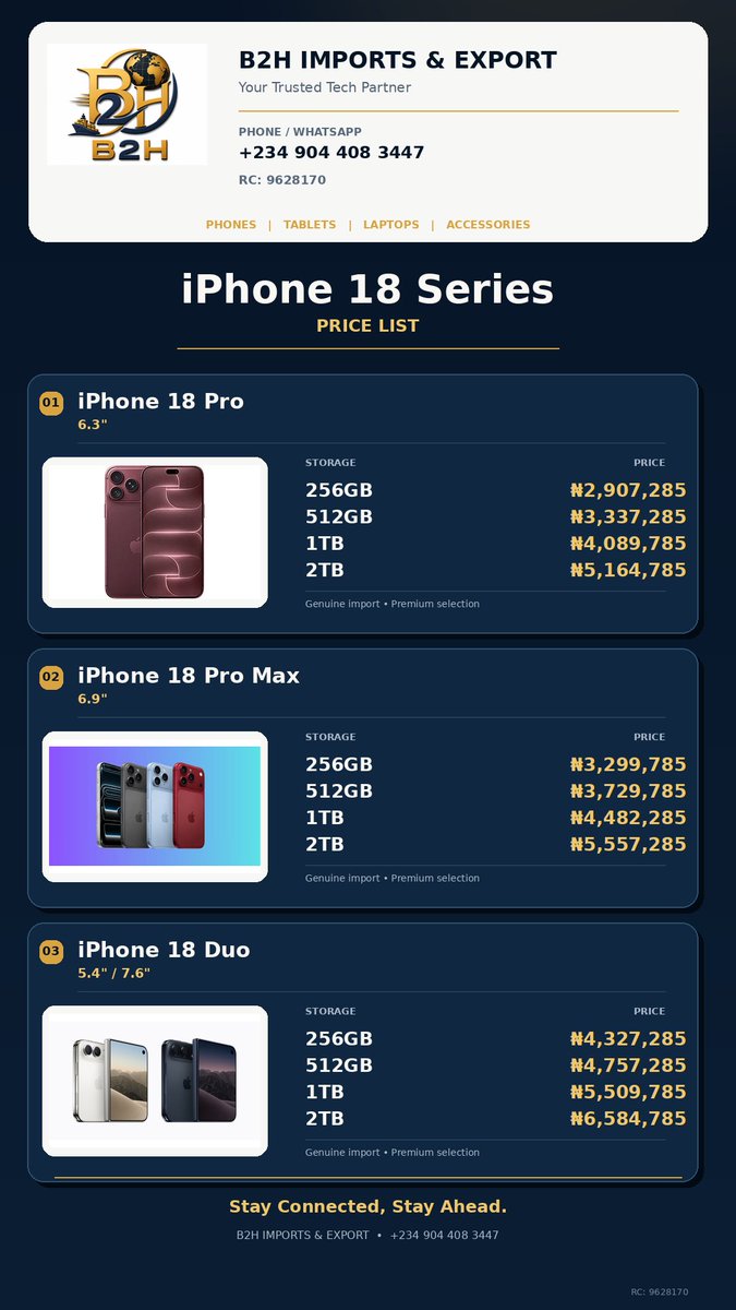 b2himports's tweet photo. iPhone 18 series price list.
You can only get this Form b2himports 

#iphone18 https://t.co/HFoLh4BpTo