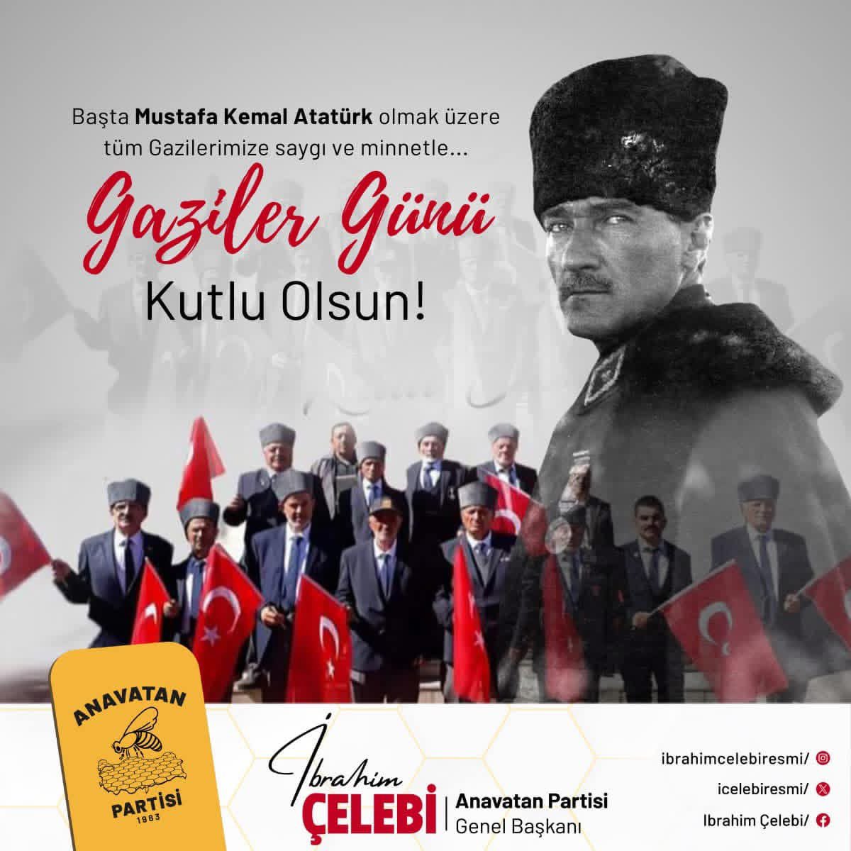 icelebiresmi's tweet photo. Gazilerimiz, bu vatanın ve milletimizin boyun eğmez iradesinin, azminin ve cesaretinin yegâne kanıtıdır. 

19 Eylül #GazilerGünü’nde; Gazi Mustafa Kemal Atatürk ve tüm kahramanlarımızı rahmet ve minnetle yadediyor, hayatta olan gazilerimize sağlıklı ve huzurlu bir yaşam diliyorum. 🇹🇷🐝