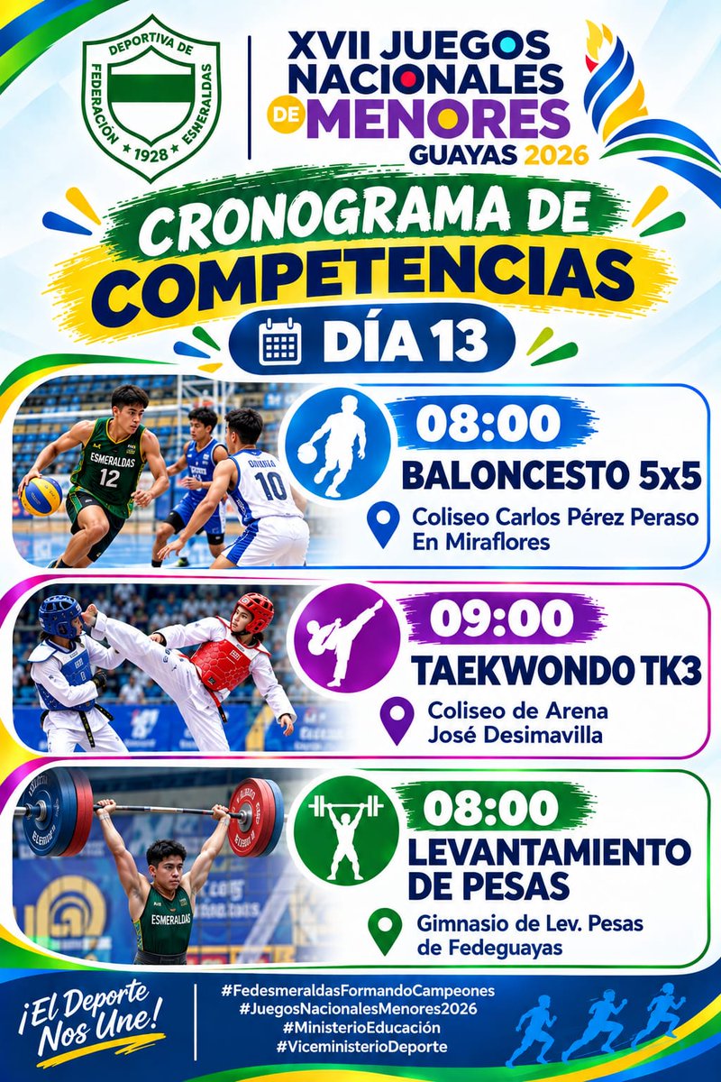 fedesme_2026's tweet photo. Calendario de las competencias de hoy de nuestros deportistas en los XVII Juegos Nacionales de Menores Guasyas 2026.
#DeporteEc #ElDeporteResurge #FormandoCampeones https://t.co/7lINHiRqZG