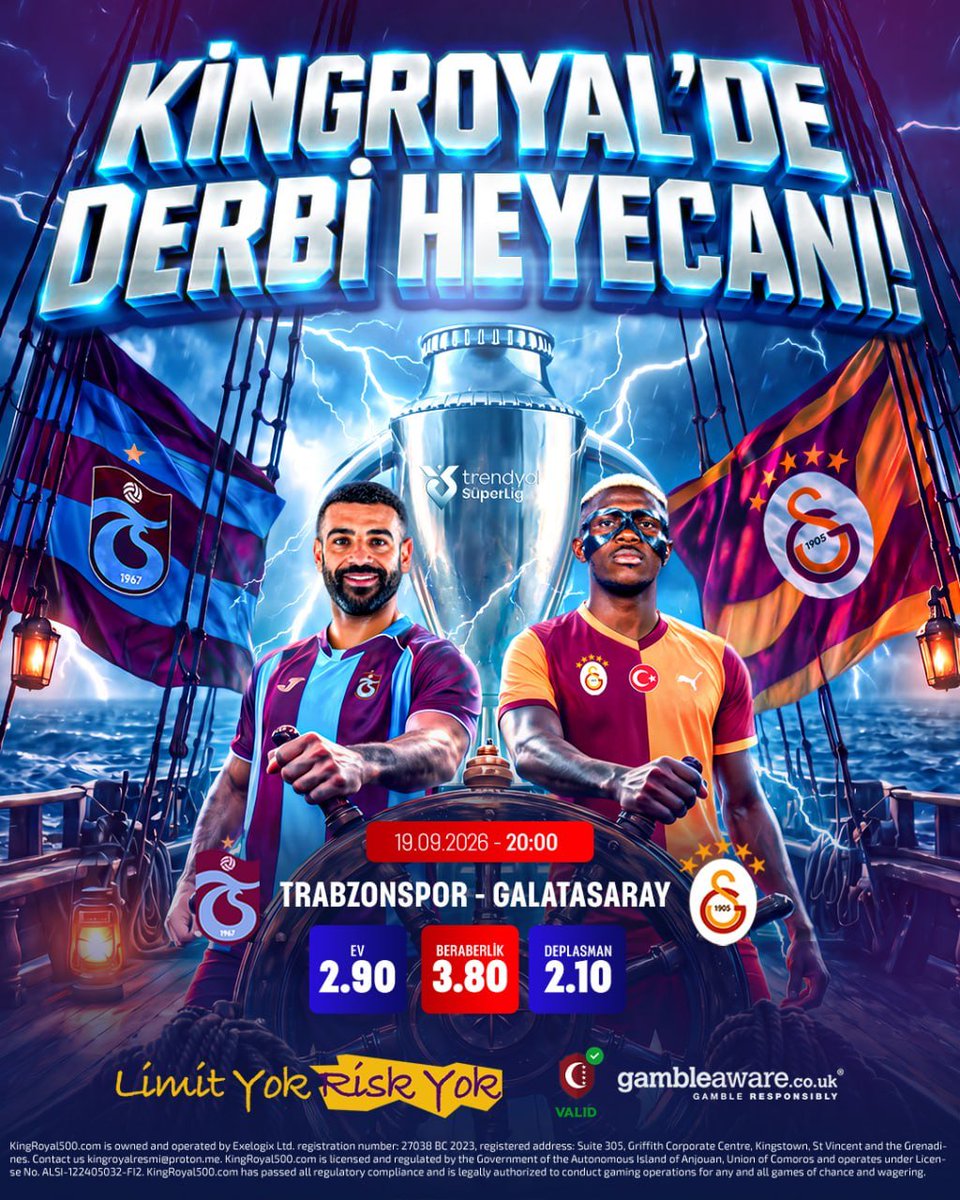 KRoyaltr's tweet photo. 🔥 Derbi Heyecanı #KingRoyal’de!

Trabzonspor ile Galatasaray bu akşam saat 20.00’de karşı karşıya geliyor.

Dev maçın oranlarını incele, derbi atmosferini KingRoyal’de takip et.⚽🏆

🔗Güncel link profilde!

#TaşacakBuDeniz Mert Müldür https://t.co/azQaQytGrh