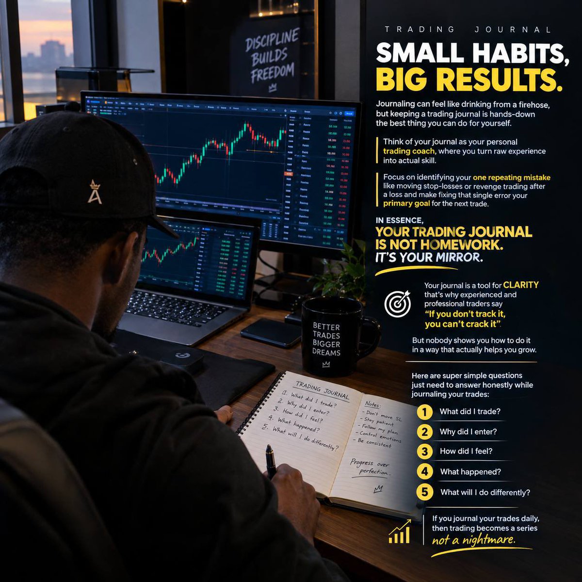 ace_krees's tweet photo. Keeping a trading journal is hands-down the best thing you can do for yourself.

Think of your journal as your personal trading coach,where you turn raw experience into actual skill.

YOUR TRADING JOURNAL IS NOT HOMEWORK. IT'S YOUR MIRROR. 📝

Blessed Weekend  Traders🥷🏽 https://t.co/y50GcLNHxy