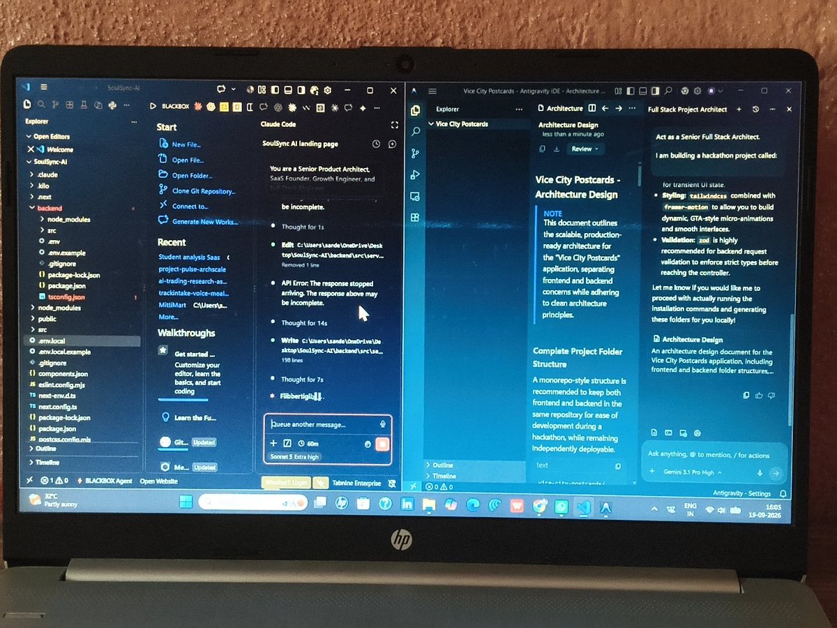 sande63351's tweet photo. Running VS Code and Antigravity side by side. 
Context switching between two projects, solving problems, and shipping features.
The grind never stops. 
#FullStackDeveloper #BuildInPublic https://t.co/bnukW1ECwl
