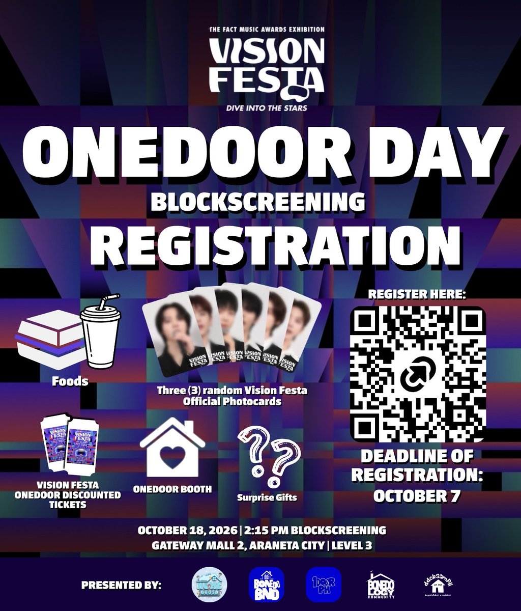 philconcerts's tweet photo. 🚪💙 Filo-ONEDOORs, this day is for YOU!

Celebrate ONEDOOR DAY at VISION FESTA MANILA with fellow Filo-ONEDOORs! 🏠

📅 October 18, 2026
🕑 2:15 PM
📍 Gateway Mall 2, Araneta City

Get ready for discounted tickets, VISION FESTA official photocards, exciting giveaways,
an exclusive souvenir, food, activities & MORE!
Scan the QR code or click the link to register:

https://t.co/qy1LvY3js9

Registration is open until October 7, 2026!

By @HOME06070 

#VisionFestaManila #DiveIntoTheStars #BOYNEXTDOOR #ONEDOOR
#ONEDOORDAY
