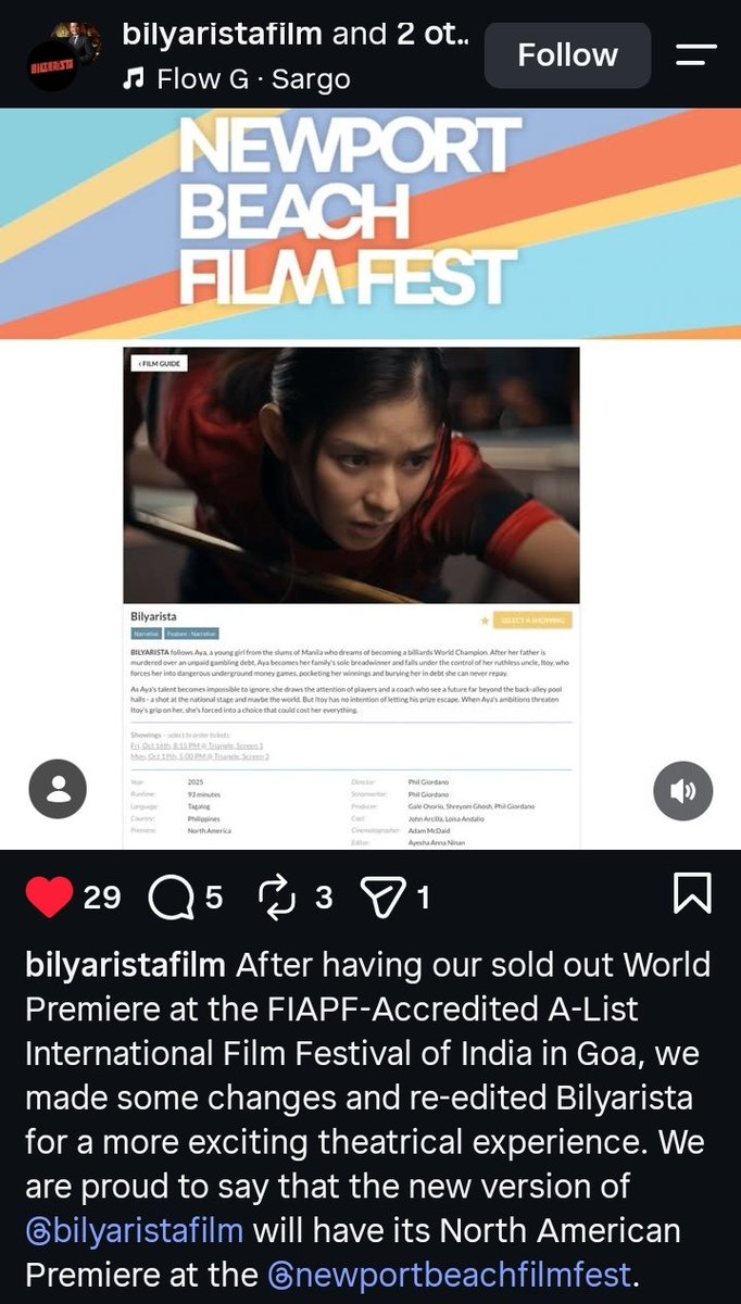LoisaJema's tweet photo. After having our sold out World Premiere at the FIAPF-Accredited A-List International Film Festival of India in Goa, we made some changes and re-edited BILYARISTA for a more exciting theatrical experience.

#NewportBeachFilmFest
#nbff2026 @bilyaristafilm
©️ https://t.co/EW1PORAsoC