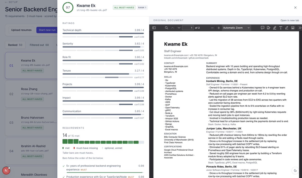 NesanSelvan04's tweet photo. Built a resume ranker on Jev 📄

Drop in 120 resumes, write the role as plain lines, and Jev ranks everyone against it.

Scoring is per line. Jev returns how likely each requirement is met, must-haves gate you outright, everything else is weighted into one score.

#Jev #TypeSafeAI