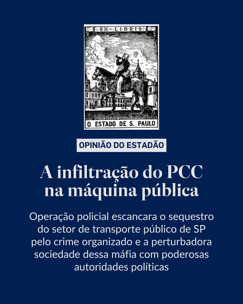 Estadao's tweet photo. EDITORIAL | A infiltração do PCC na máquina pública – “Não se tinha notícia até agora da atuação de agentes públicos tão influentes, de forma tão ostensiva, em defesa do PCC”.
Leia o texto completo em https://t.co/pLvT0fUk68 (via @opiniao_estadao) https://t.co/VoGnwTjVjV