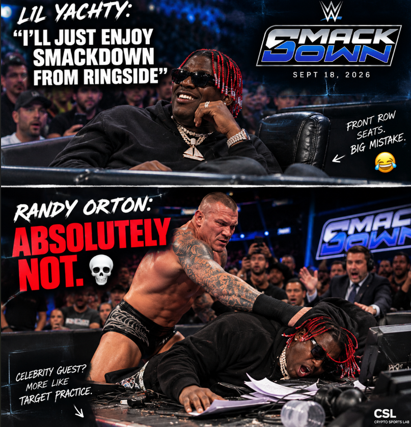 Cryptosportslab's tweet photo. Lil Yachty: “I'll just enjoy SmackDown from ringside.” 😎

Randy Orton: Absolutely not. 💀😂

Yachty's trip to SmackDown didn't go according to plan after getting a little too close

Front-row seats: 10/10 view.
Survival rating: questionable. 😂
#SmackDown #RandyOrton #WWE https://t.co/BvB1MpOiZH