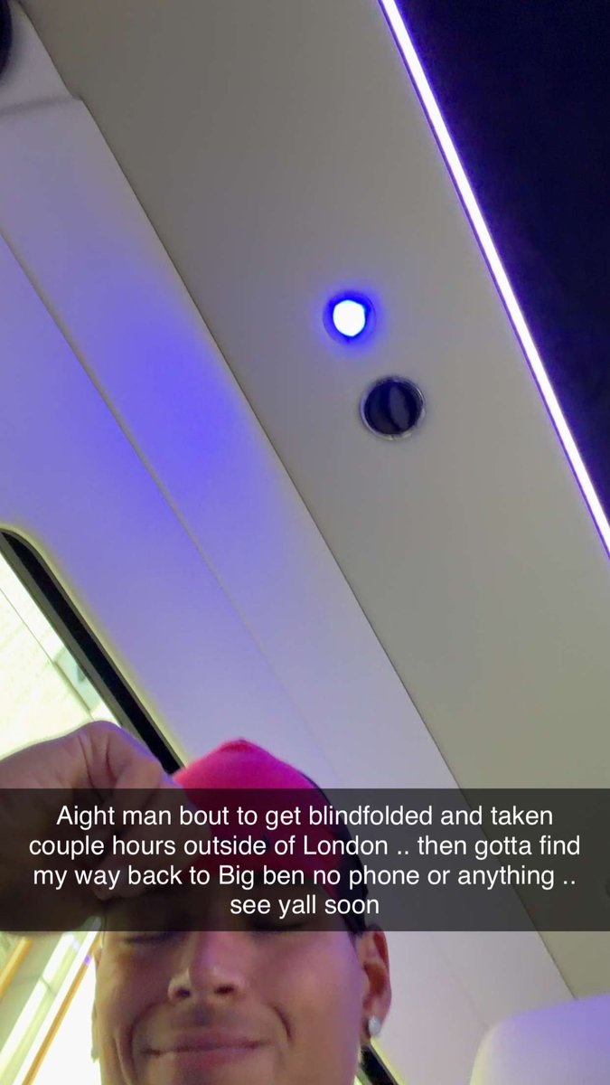 CoreBoysHQ's tweet photo. No phone. Blindfolded. Hours outside of London.

Marlon just confirmed he’s getting dropped in the middle of nowhere and has to make it back to Big Ben https://t.co/Ao1SWQruxb