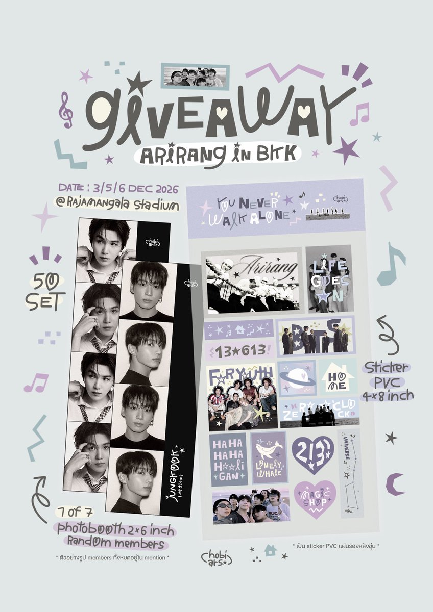 hobiars's tweet photo. kindly rt ☆ * ₊ ⋆
giveaway arirang in bangkok

🪐 sticker &amp; photobooth ✶
* only +/- 20 set : day *
 
date : 3/5/6 dec 2026
location : rajamangala stadium

♥︎ more detail in mention 
( retweet and show this tweet )
#BTS_WORLDTOUR_BANGKOK
#BTS_WORLDTOUR_ARIRANG_BANGKOK https://t.co/rep9TJOytO