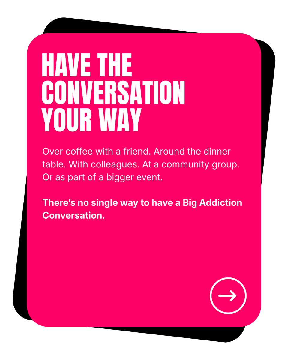 ActionAddiction's tweet photo. This year's campaign theme is The Big Addiction Conversation.

We're aiming to start 17,000 conversations about addiction across the UK - and there's loads of ways to get involved.

You can start with our brand new Digital Conversation Generator.

Draw a card, start a conversation, and see where it takes you ⬇️

https://t.co/y6yQjLwswc

#BigAddictionConversation