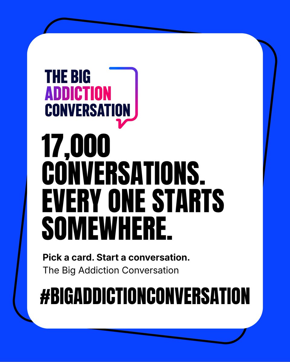 ActionAddiction's tweet photo. This year's campaign theme is The Big Addiction Conversation.

We're aiming to start 17,000 conversations about addiction across the UK - and there's loads of ways to get involved.

You can start with our brand new Digital Conversation Generator.

Draw a card, start a conversation, and see where it takes you ⬇️

https://t.co/y6yQjLwswc

#BigAddictionConversation