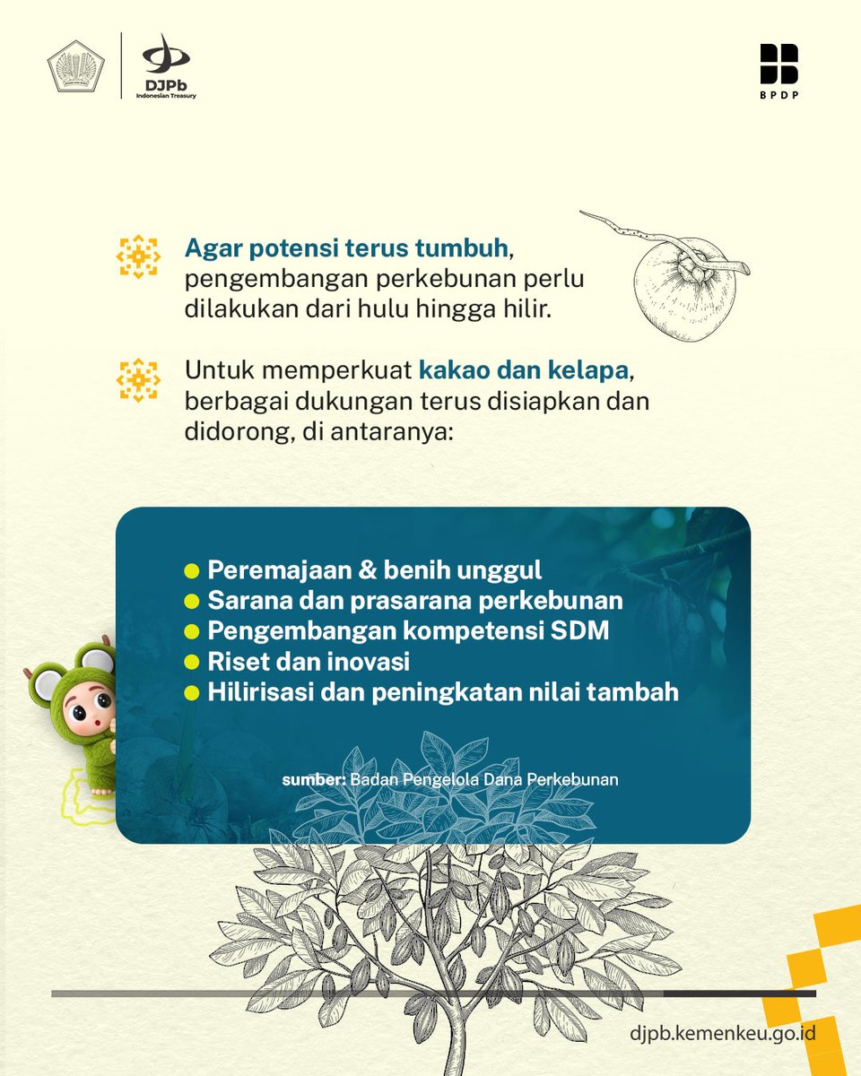 DJPb_Kemenkeu's tweet photo. Potensi tersebut tentu perlu terus ditumbuhkan. Dari peremajaan dan penggunaan benih unggul, dukungan sarana dan prasarana, hingga hilirisasi untuk menciptakan nilai tambah.

Yuk, kenali lebih jauh potensi kakao dan kelapa Indonesia yang didukung #UangKita! https://t.co/EzdHJNNCKC