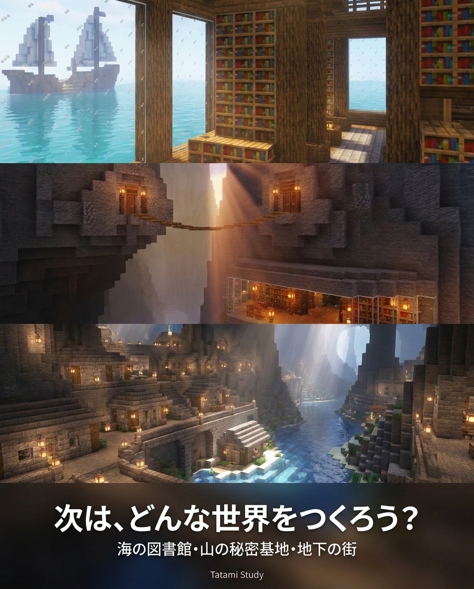 TatamiStudy's tweet photo. 次はどんな世界をつくろう？
A：海を見ながら読書できる図書館
B：山の上の秘密基地
C：地下に広がる街
見てみたいのはどれ？
#マイクラ #TatamiStudy https://t.co/WNRRqlPiGD