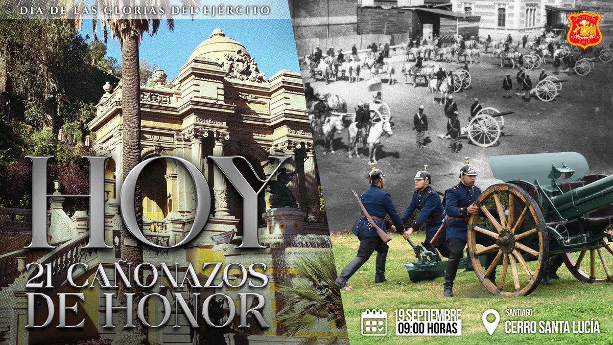 Ejercito_Chile's tweet photo. ¡Hoy a las 09:00 hrs! 🇨🇱

Los cañones Krupp de 1910 ejecutarán las tradicionales 21 salvas de honor a las #GloriasDelEjército en el Cerro Santa Lucía. #216Años #EjércitoDeChile https://t.co/lG6hMLefjF