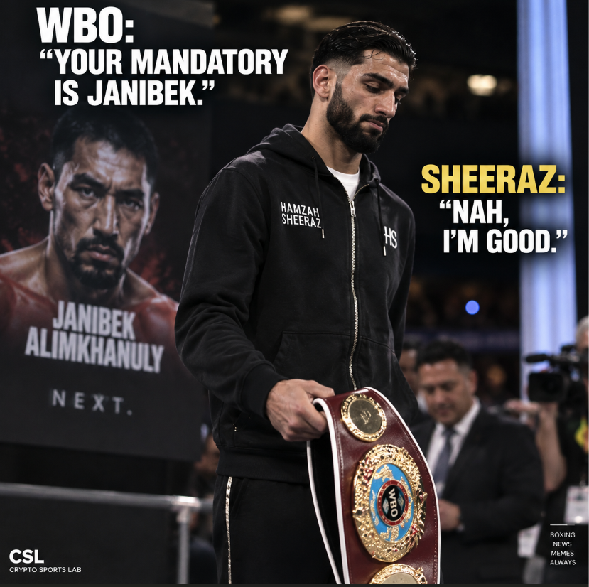 Cryptosportslab's tweet photo. Hamzah Sheeraz has vacated his WBO title rather than face mandatory challenger Janibek. 👀🥊

WBO: “Your mandatory is Janibek.”

Sheeraz: “Nah, I’m good.” 💀😂

#Boxing #HamzahSheeraz https://t.co/sHqLtlpuNe