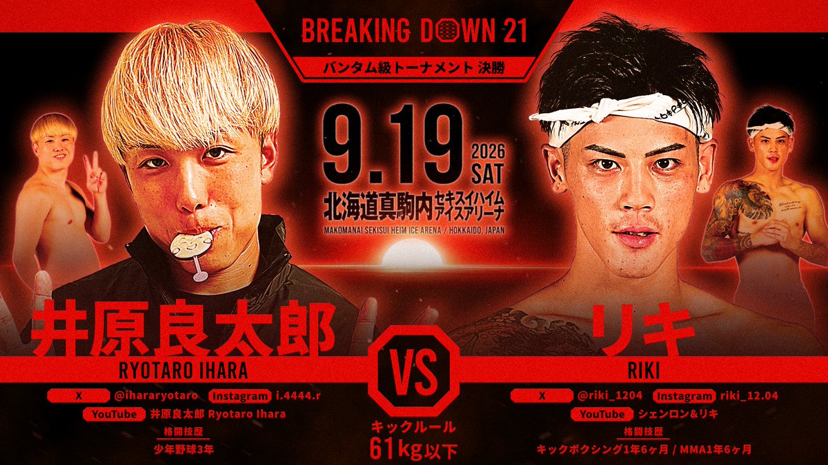 breakingdown_jp's tweet photo. ／
#BreakingDown21
対戦カード発表📣
＼

バンタム級1DAYトーナメント決勝戦
キックルール

🟥#リキ（@riki_1204）
ーーー🆚ーーー
🟦#井原良太郎（@ihararyotaro）

🗓9/19(土) 
📍真駒内セキスイハイムアイスアリーナ(北海道)

🔴BDLIVE独占配信
【最安値3,480円〜購入可能】
🔽視聴はこちら

#BreakingDown
#ブレイキングダウン
#朝倉未来