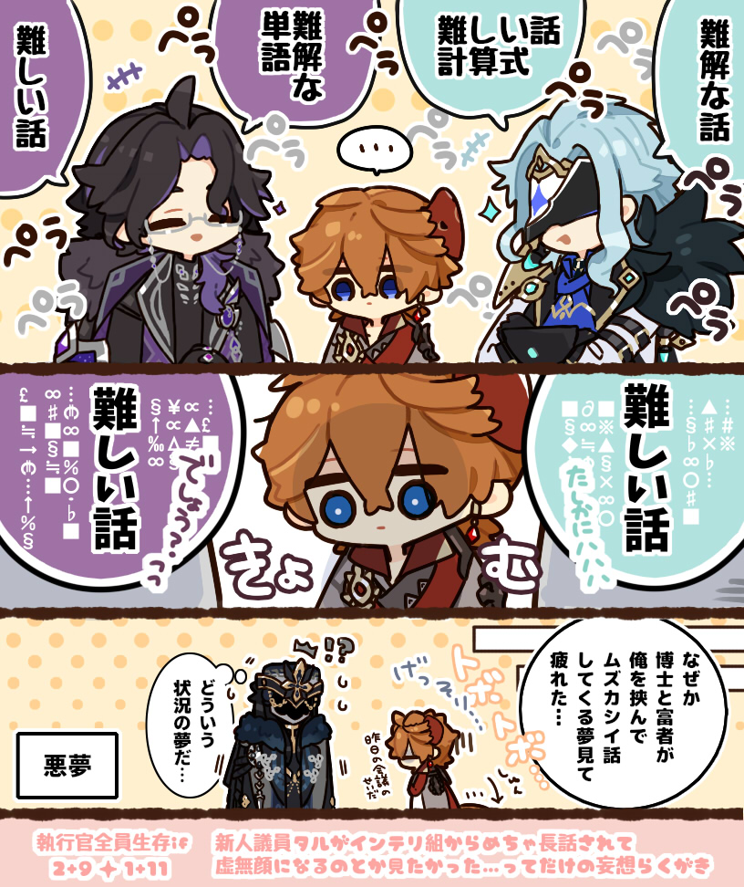 hatoba_gentt's tweet photo. 新人議員タルがインテリ組に難しい話されすぎて
虚無ってるのとか見てみたかったな…
ってだけの妄想らくがき(※しっこーかん全員生存if) https://t.co/xBskZ4Or9P