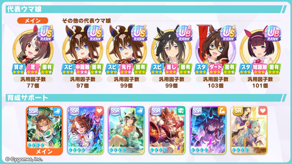 janna_da_arc's tweet photo. 忙しくて代表更新ツイート中々出来ず…
最新はこんな感じになってます。
グランとニシノは9月マイルチャンミ向け、中距離エピ(ロンシャン◯有)とステゴは凱旋門チャンミ向け、先行エピは長距離向け、エルはlv7覚醒しての初育成でいい感じのが出来たので嬉しくて公開。良ければ使って下さい！
#ウマ娘 https://t.co/5BlTgSJzuW