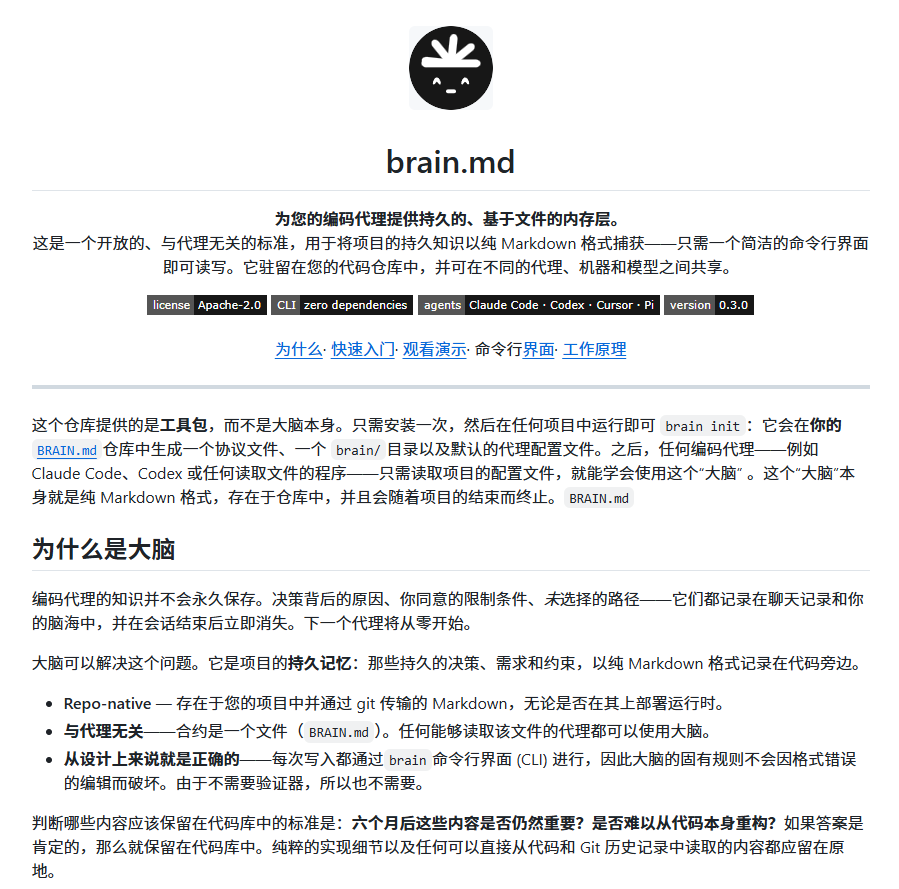 Manorgw's tweet photo. Agent 每开一次新会话就得重新摸一遍项目，这算不算 AI 编程最容易被忽略的成本？之前定下的方案、约束和决策都搁在旧聊天里，新 Agent 进来依旧一张白纸——brain.md 想在仓库里加一层持久记忆。

1️⃣ 纯 Markdown，人和 AI 都能直接读
2️⃣ Claude Code、Codex 等多个 Agent 可以共享
3️⃣ 零依赖 CLI 管理，统一命令写入
4️⃣ 按"当前理解 + 时间线"记录，变更还保留原因和证据链
一句话：把散落在聊天记录里的项目记忆，真正放回代码仓库。
🔗 https://t.co/Sa0TEQCiRm