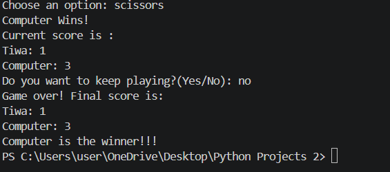 Temiloluwaco's tweet photo. Day 4 is here!
Built a rock-paper-scissors game entailing score tracking, input validation, a quit option and a winner reveal at the end.
Please engage, thank you.🙂🙂🙂🙂🙂🙂🙂🙂🙂🙂🙂🙂🙂
#30DaysOfCode #Python #BuildInPublic https://t.co/yRW2uIcunA
