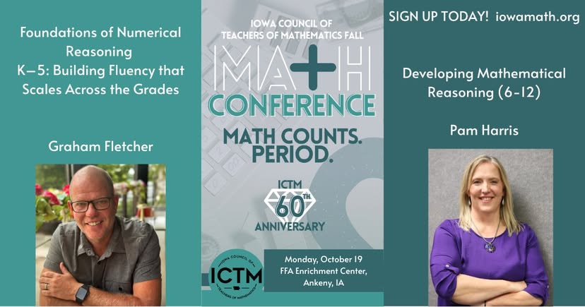 IowaMathTeach's tweet photo. Learn from Graham Fletcher and Pam Harris at ICTM’s preconference workshops on October 19 in Ankeny! Choose K–5 Foundations of Numerical Reasoning or 6–12 Developing Mathematical Reasoning.
https://t.co/GtclrQEymQ
#IowaMathTeach #IowaMath #IowaMathStandards #MTBoS https://t.co/dYsoiQaWm2
