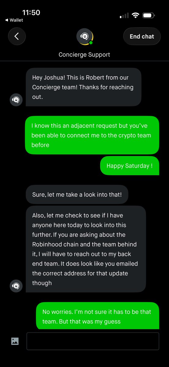 InvestwithMEH's tweet photo. Say what you want. But @RobinhoodApp concierge team is amazing. I know $HOOD support used to get a lot of hate but I’ve never waited more than 30-40s for a response and when they follow up they really deliver. Today was for the $bucket logo update. 

This isn’t my first time. They’ll literally look into anything even if it isn’t their area, this is my second time using it to connect with the crypto team. I’ve used it for promotion updates, summit requests etc. 

I’ve used every brokerage you can think of. No one else comes close except maybe ToS. 

Also, thanks Robert for dealing with me on a Saturday. ✌️
