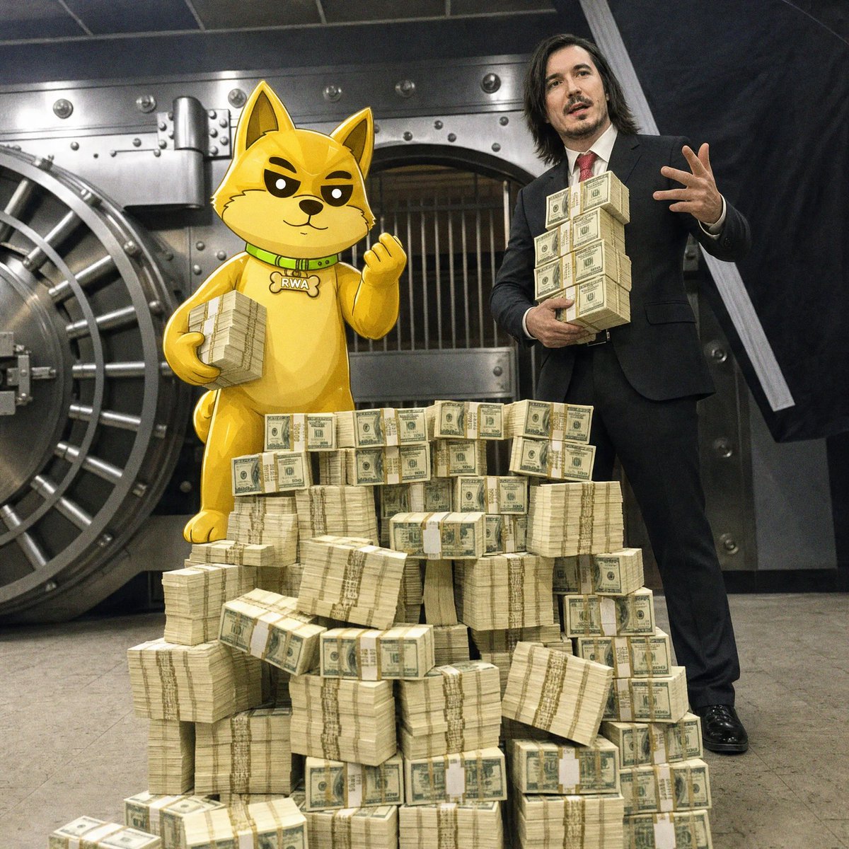 RealWorldAkita's tweet photo. Robinhood put stocks onchain and the dog showed up to the vault. 

Every trade on $RWA buys gold, and the pile behind him is what happens when a memecoin actually has something underneath it. https://t.co/nmvMZsGDfQ