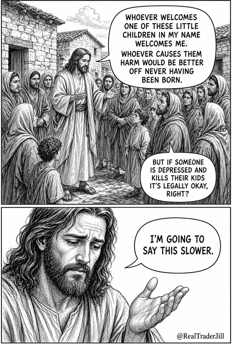 RealTraderJill's tweet photo. Jesus said don’t harm the children. Modern day heard that and decided if the mother was depressed, killing them is a legal gray area. 

That’s not interpretation. That’s a dead conscience. https://t.co/1GAS5Dm1an