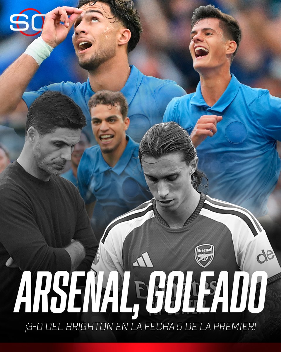 SC_ESPN's tweet photo. 😱 ¡¿QUÉ LE PASÓ AL CAMPEÓN?!

🔥 Arsenal visitó a Brighton por la fecha 5 de la #PREMIERxESPN y fue goleado por ¡3-0! con tantos de Gross, Kostoulas y Chema Andrés

🇵🇾 Diego Gómez fue titular en las Gaviotas y dio una asistencia y 🇪🇨 Piero Hincapié estuvo en el banco gunner, pero no ingresó

❌ De esta manera, los de Arteta no sumaron de a 3 por primera vez en el torneo y, así, perdieron la cima de la tabla por diferencia de gol (quedó Manchester City por encima y con un partido menos)

📺 Mirá la Premier League por ESPN en el Plan Premium de #DisneyPlus