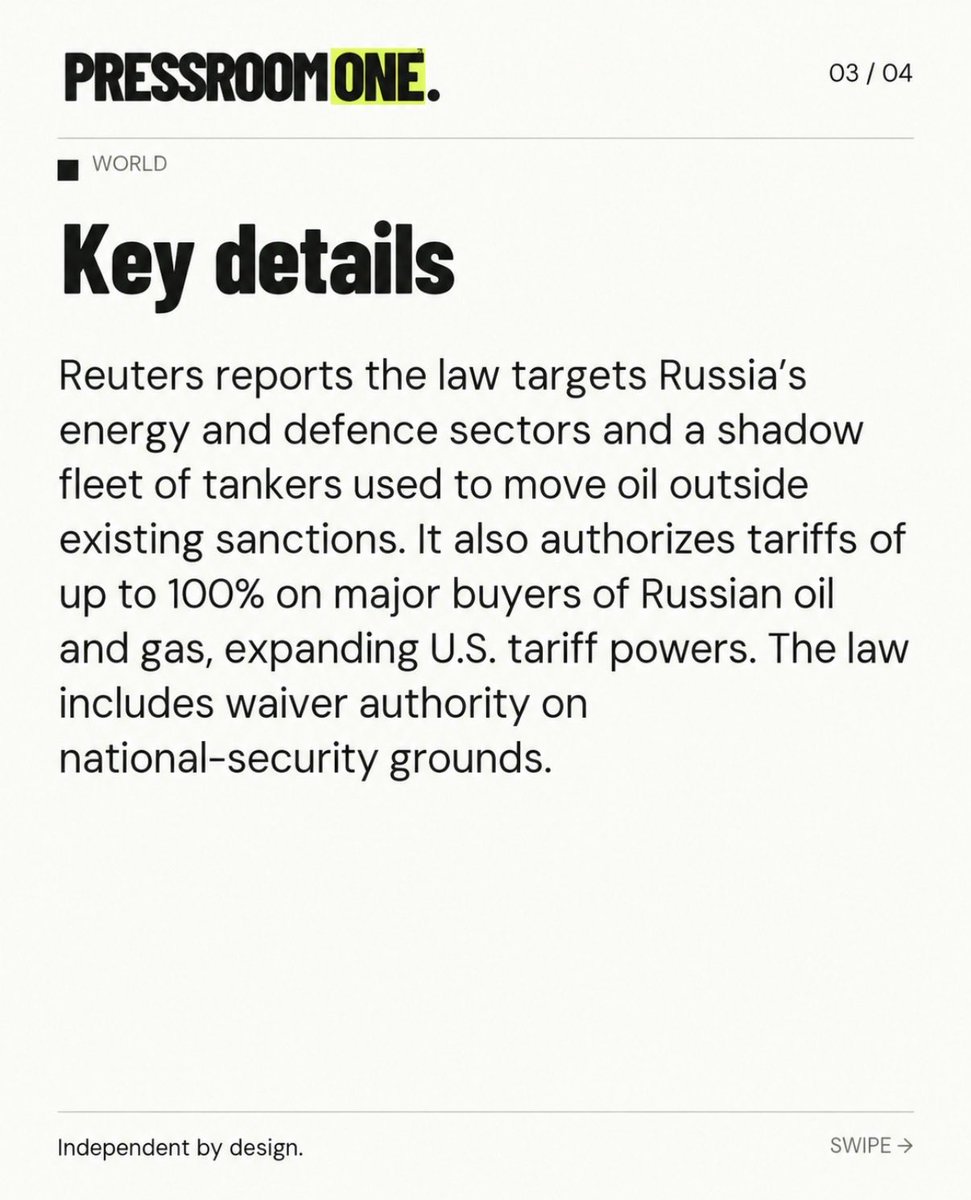 thepressroomone's tweet photo. BREAKING: President Donald Trump has signed a sweeping new Russia sanctions law targeting Moscow’s energy and defence sectors.

The legislation also gives the president authority to impose tariffs of up to 100% on major buyers of Russian oil and gas.

Here’s what the new law does. 👇

#Trump #Russia #Ukraine #BreakingNews #Politics