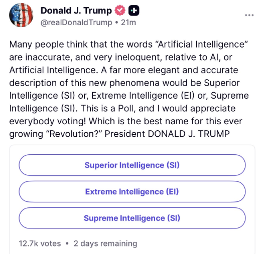 WebThreeAI's tweet photo. Trump woke up and decided AI needs a rebrand 🤣 https://t.co/ZGfgJTwK34