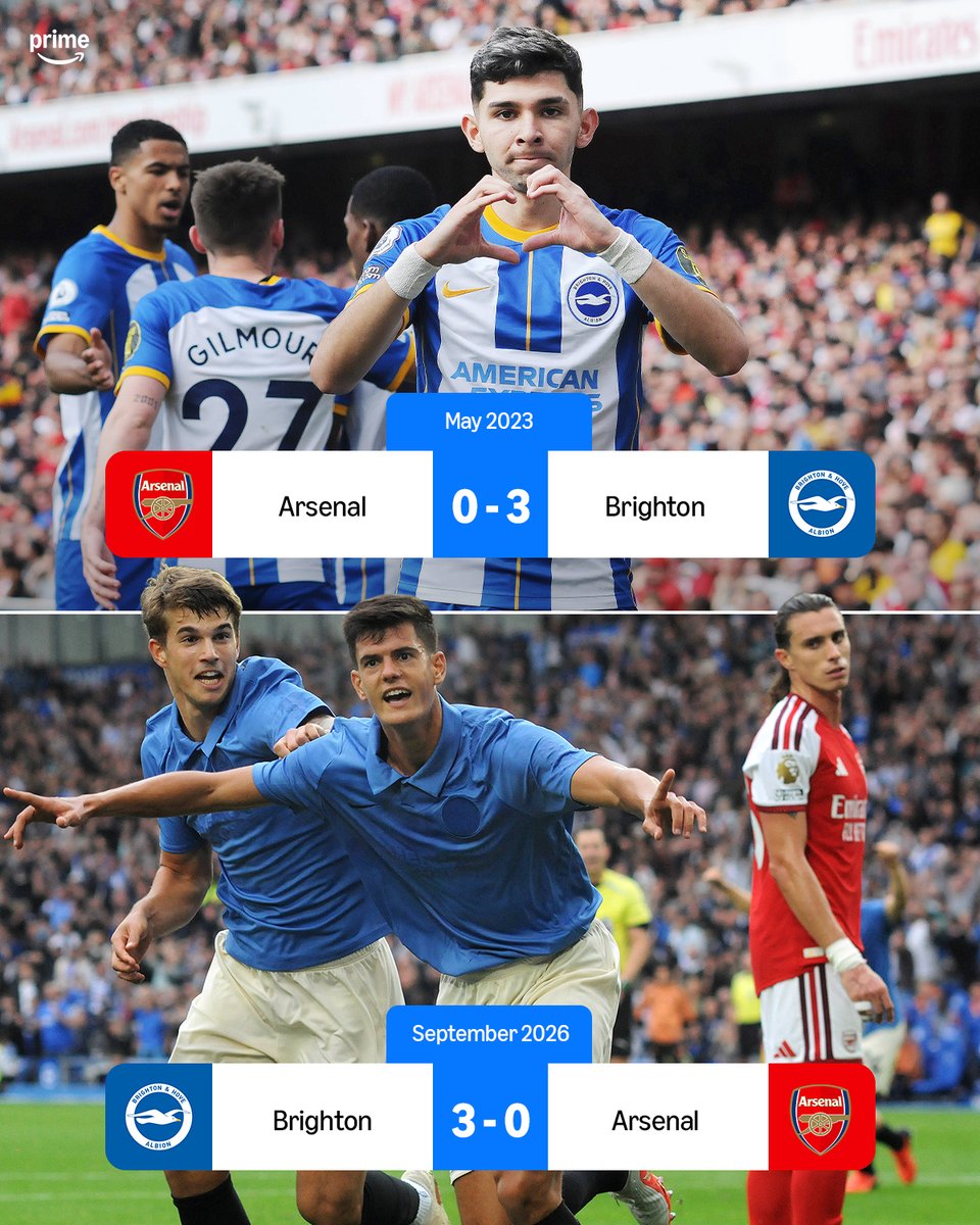 primevideosport's tweet photo. Brighton become the first team to beat Arsenal by three goals in the Premier League since... Brighton over three years ago 🔵⏮️👀 https://t.co/tQxXffLBJY