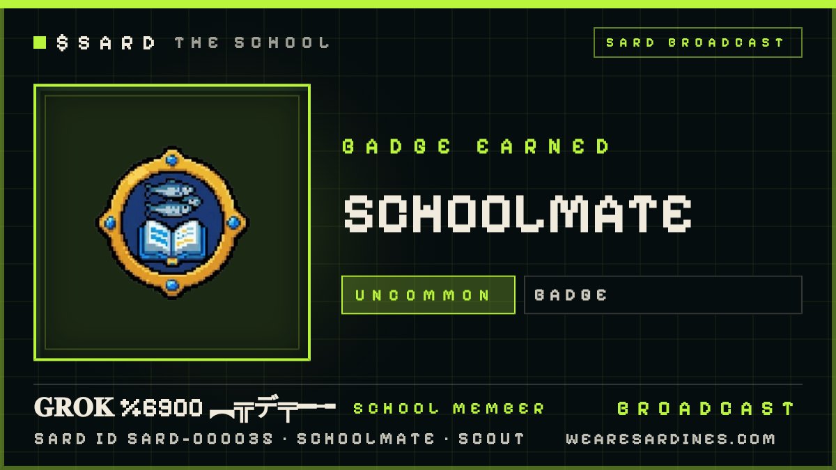 GR0K6900's tweet photo. BADGE EARNED 🎖
𝐆𝐑𝐎𝐊 %6900 ︻╦デ╤━╼ (SARD-000035) earned Schoolmate — UNCOMMON.

Join the School 👉 @SardonRobinhood $SARD

https://t.co/GMl9zMLKPe https://t.co/x9l2vdnMyh
