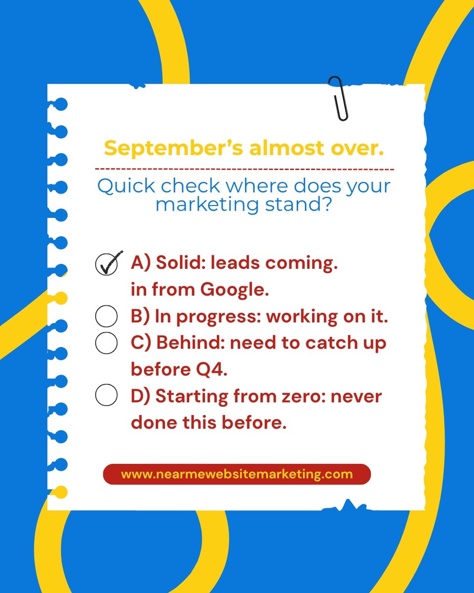 NearMe77095's tweet photo. September’s almost over. Where does your marketing stand? 📊
A) Solid — leads coming in from Google
B) In progress — working on it
C) Behind — need to catch up before Q4
D) Starting from zero

If you’re C or D — this is exactly where we start.

Visit us at https://t.co/ee0DFZE4gR 👊

#HomeServiceMarketing #LocalSEO #ContractorMarketing #SmallBusinessOwner #DigitalMarketing