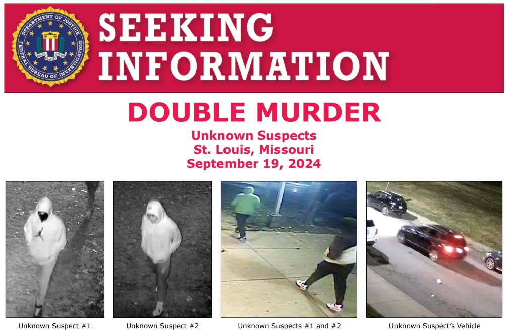 FBIMostWanted's tweet photo. The #FBI offers a reward of up to $10,000 for information leading to the identification and arrest of those responsible for the murders of Marshun White and Marcus Price on September 19, 2024. The victims were shot and killed while sitting outside of their apartment building in St. Louis, Missouri. The two unknown suspects surveilled the victims for more than an hour before they ran up to the victims and shot them: https://t.co/40pugWo5qL