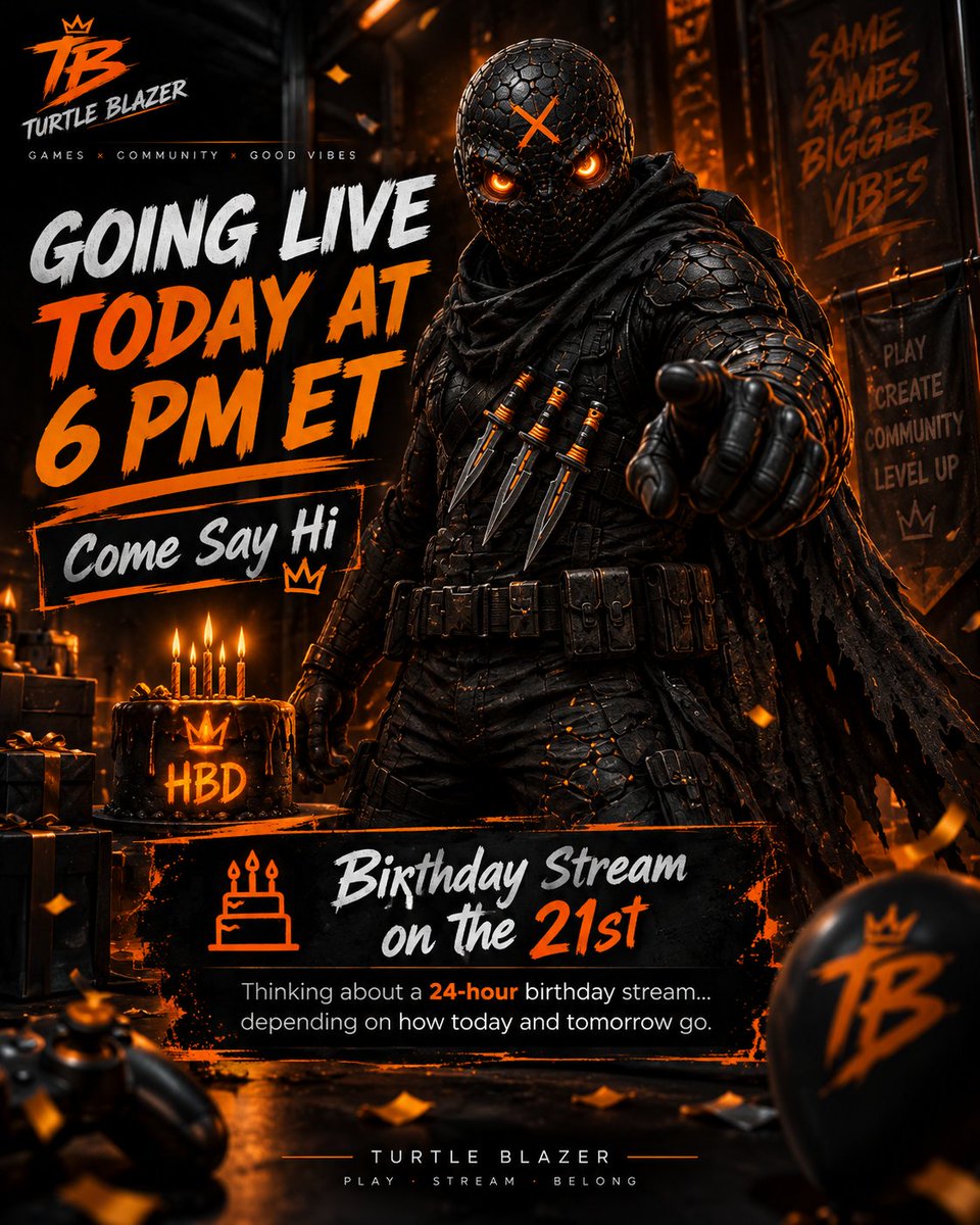 Turtle_Blazer's tweet photo. Going LIVE today at 6 PM ET 🎮🔥 Come say hi and hang out for a bit!

Also, my birthday is September 21st 🎂 I’m seriously thinking about doing a 24-hour birthday stream depending on how today and tomorrow go. 👀

Might be a long one… we’ll see. 🐢🧡
#TurtleBlazer #Livestream #Gaming #BirthdayStream