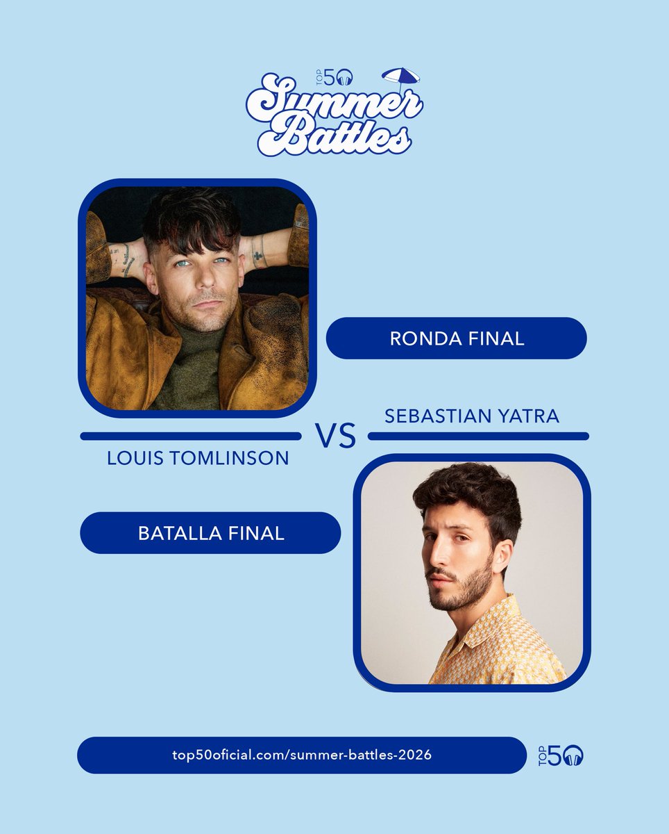 Top50Oficial's tweet photo. TOP 50 SUMMER BATTLES 2026
BATALLA FINAL

🏖️ @Louis_Tomlinson VS @SebastianYatra 🏖️

— Vota por tu favorito hasta el 29 de septiembre a las 22h aquí: https://t.co/FJS70Uqu78 https://t.co/uidK0nqxWt
