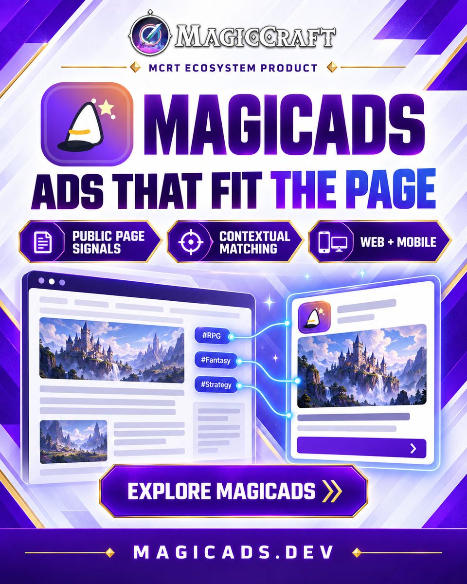 MagicCraftGame's tweet photo. Good advertising should fit the page without following the person.

MagicAds uses public page signals to match campaigns with relevant placements across web and mobile.

Another practical product connected to the wider MCRT ecosystem.

See how it works: https://t.co/3HW5Arrh4g https://t.co/nPf8wvLrCh