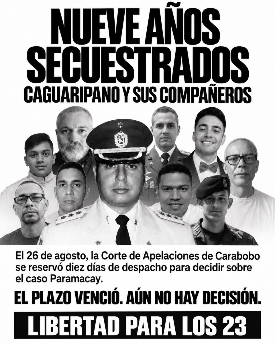 JuanPGuanipa's tweet photo. El 26 de agosto, la Corte de Apelaciones de Carabobo se reservó diez días de despacho para decidir sobre el caso del capitán Juan Carlos Caguaripano y sus compañeros.

Ya venció ese plazo y no hay decisión. Solo una espera cruel para 23 venezolanos que llevan nueve años injustamente detenidos.

Caguaripano fue torturado, condenado a 30 años por la injusticia chavista y excluido de una amnistía que debía liberar a los presos políticos.

¿Hasta cuándo van a prolongar este castigo?

Exigimos la libertad inmediata del patriota capitán Caguaripano y de todos los presos políticos de Venezuela, civiles y militares.

¡Viva Venezuela Libre!