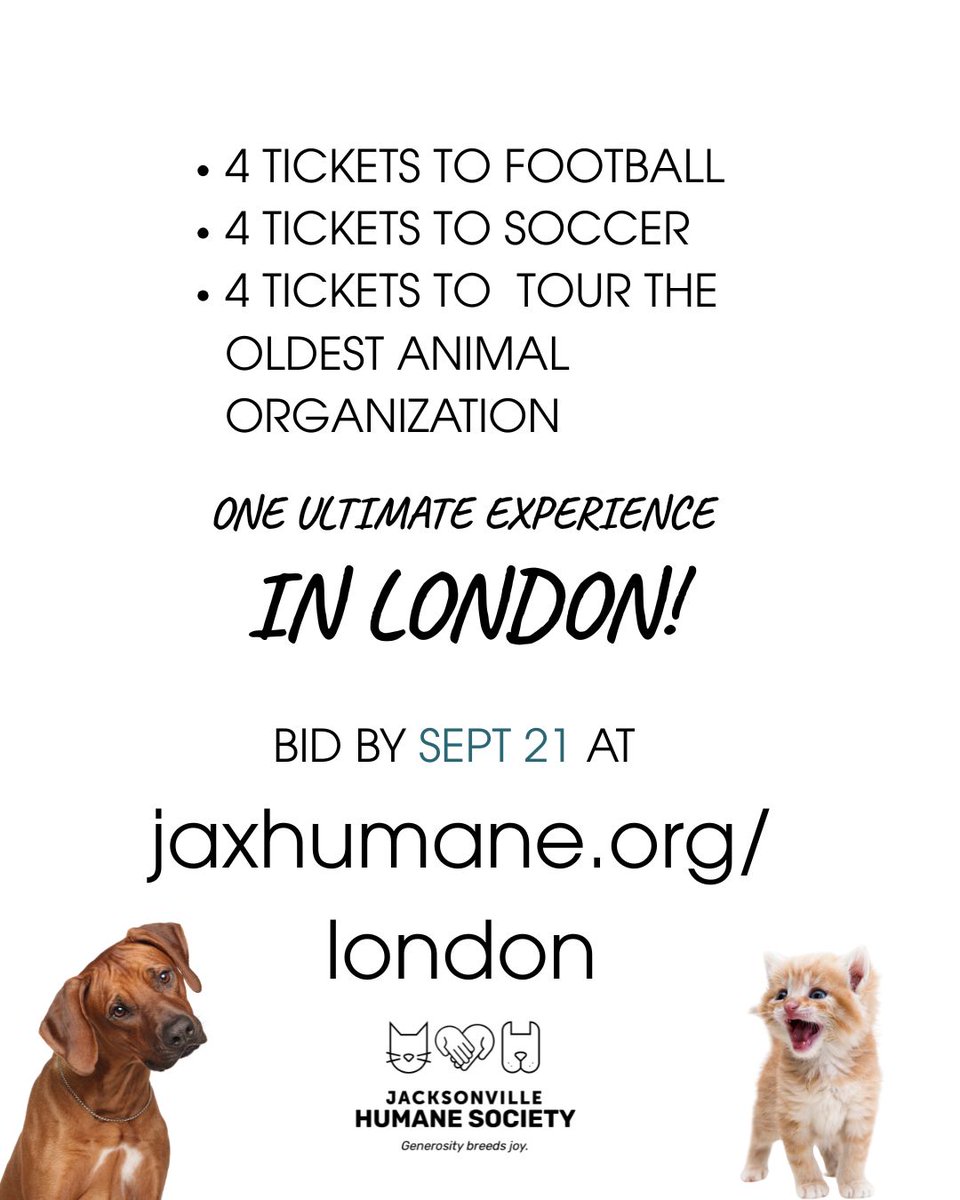 jaxhumane's tweet photo. 🚨 Time is running out to bid on the Ultimate London Sports Experience!

Don’t miss your chance to experience London while supporting the pets at JHS. Bidding closes September 21- place your bid today at https://t.co/WrTgJgI8f5! 🐾

Travel and accommodations are not included.* https://t.co/4sNo8JQfxZ