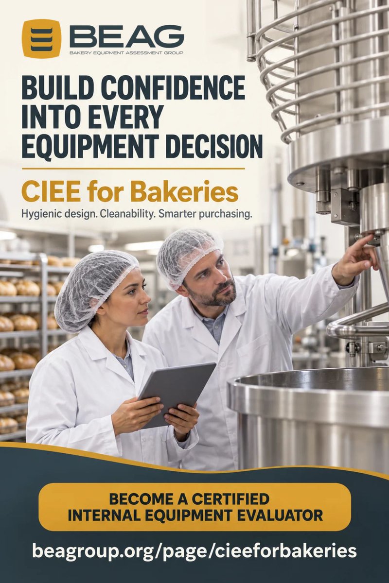 theBEAGroup's tweet photo. Know what to look for before equipment reaches the production floor. CIEE for Bakeries helps industry professionals understand how to evaluate equipment against the ANSI/ASB Z50.2 industry standard. Learn more: https://t.co/u8uKeSQT0f

#SanitaryDesign #CommercialBaking https://t.co/ZRfuV70r4U