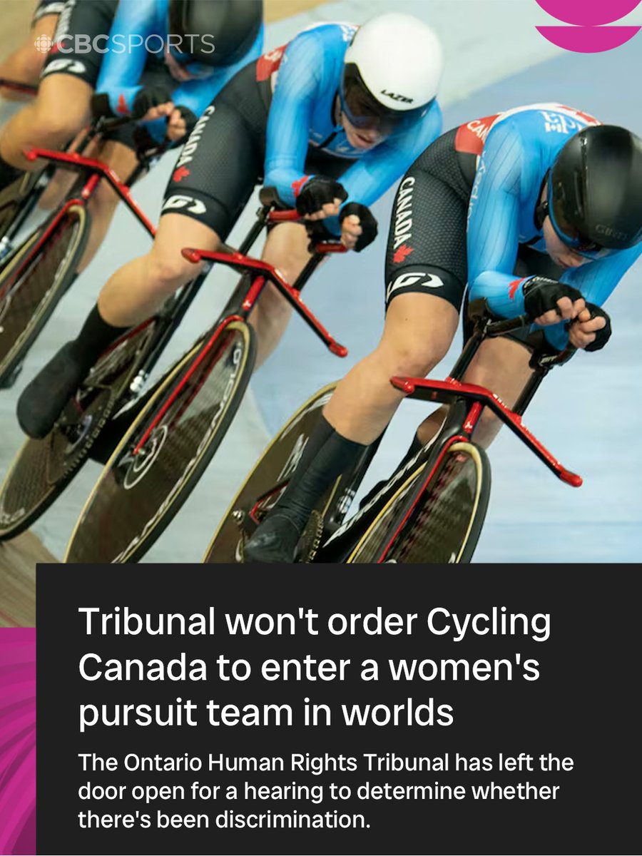 CBCOlympics's tweet photo. The Ontario Human rights Tribunal will not order Cycling Canada to enter a women's pursuit team in the world championship in Shanghai—the first qualifier for the 2028 Olympic Games. https://t.co/SYBvZv7X3V