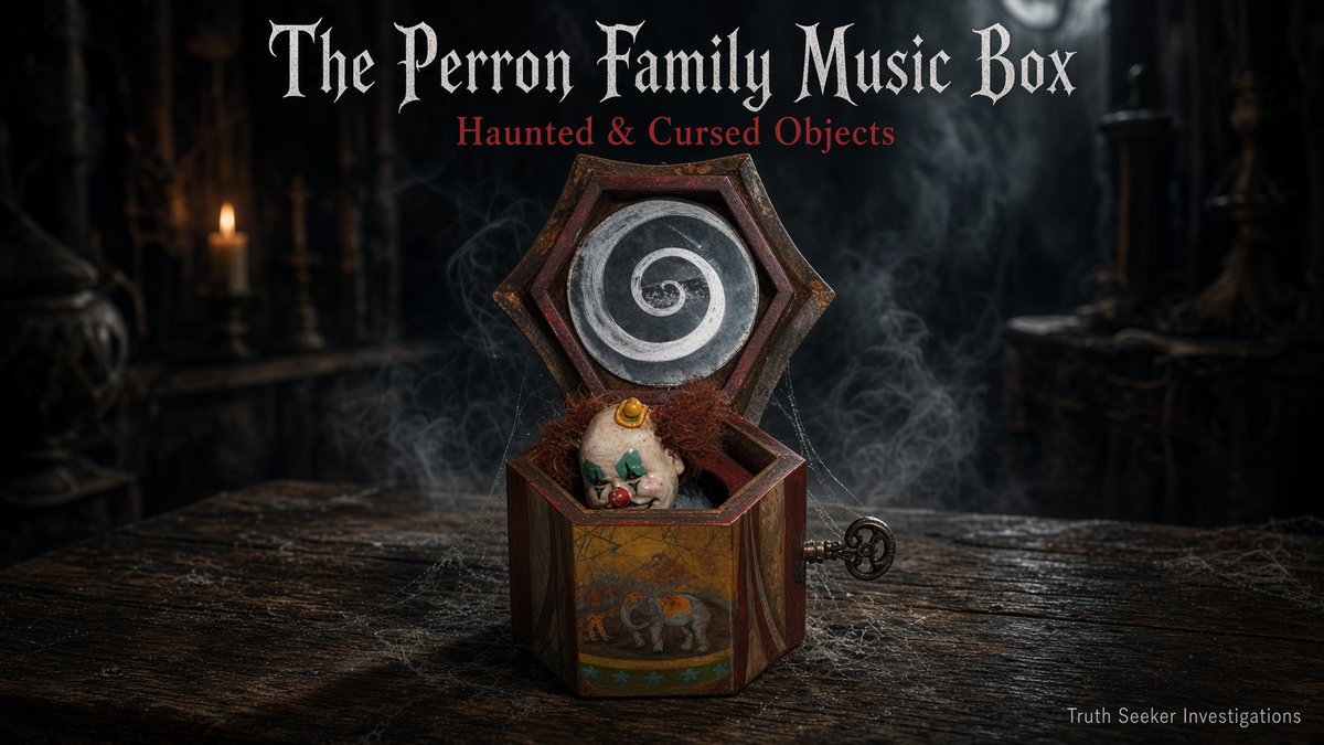 Truth_SeekersTV's tweet photo. HAUNTED & CURSED OBJECTS 👻
The Perron Family Music Box 🎶 🤡

In 1971, the Perron family moved into a farmhouse in Harrisville, Rhode Island, where they later reported frightening paranormal experiences.

Among the objects associated with their story was an antique music box, which paranormal investigators Ed and Lorraine Warren reportedly took into their collection after investigating the home.

The box became linked to the haunting claims surrounding the Perron family, although its specific history and alleged supernatural activity are not independently verified.

The music box was reportedly displayed among the Warrens' collection of allegedly haunted artefacts.

In 2026, the collection was moved to the Haunted Warren Museum in Salem, Massachusetts, where the museum's exhibits include objects connected to the Warrens' investigations. However, the music box's individual display and precise current location have not been reliably confirmed.

The music box is reported as a real object. The haunting claims remain unproven.

#HauntedObjects #CursedObjects #Paranormal #TheConjuring #DarkHistory #perronmusicbox #haunted #cursed