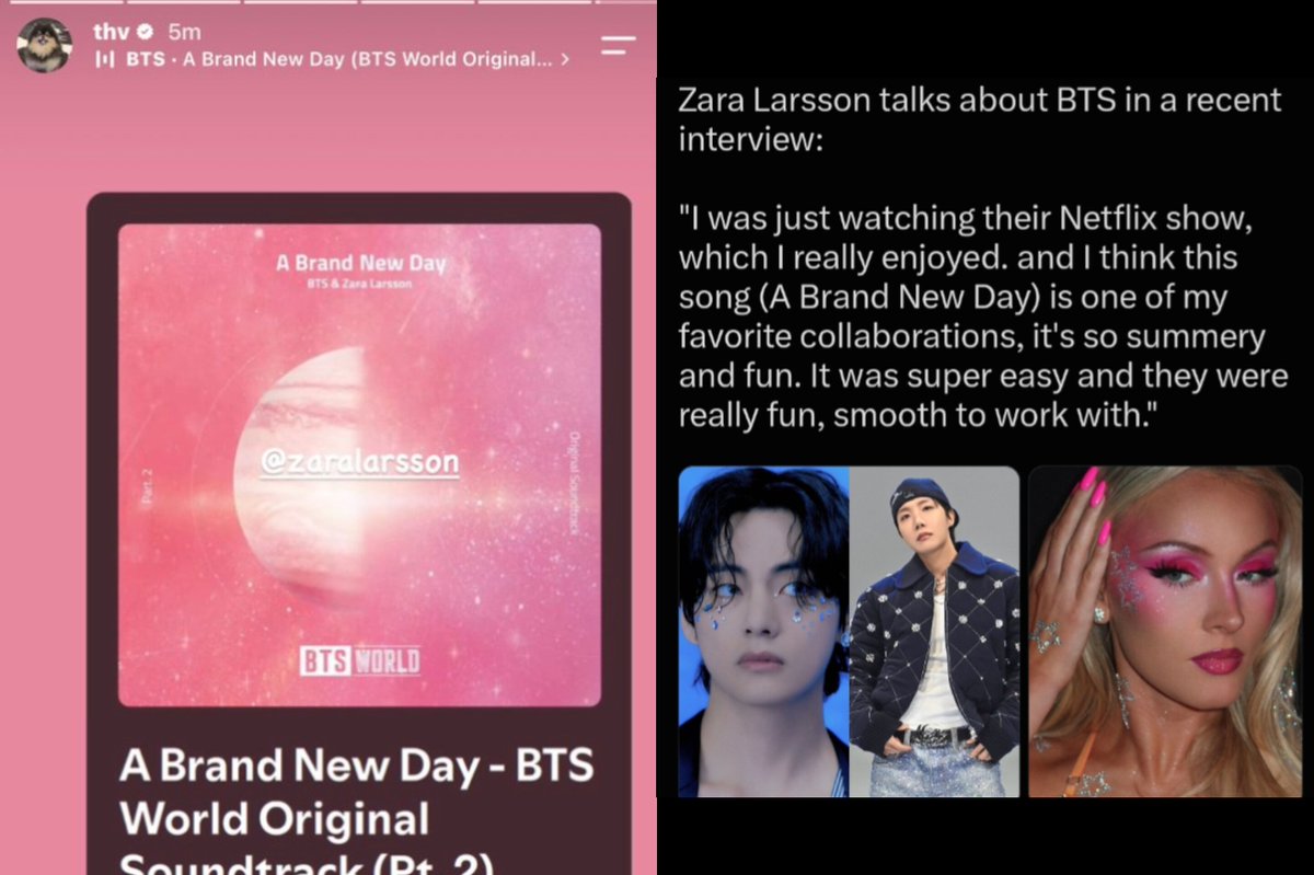 kookyun's tweet photo. The whole brand new day trio ( J-hope , Taehyung and Zara Larsson ) have now acknowledged the song. I hope we get a live performance https://t.co/9H9VROzOET