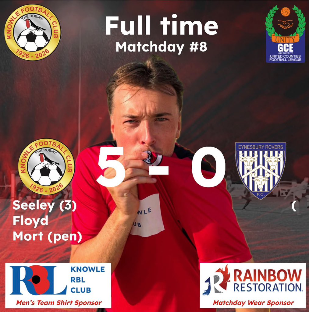 Knowle_FC's tweet photo. Full Time:

Knowle 5-0 @EynesburyRovers 

Seeley ⚽️⚽️⚽️ (Sponsored by Laskeys)
Floyd ⚽️ 
Mort ⚽️ (Sponsored by Anthony Bermingham)

The Robins extend their lead at the top of the table 😍

#UpTheRobins | #100thYear https://t.co/TkPIuKF7Ne