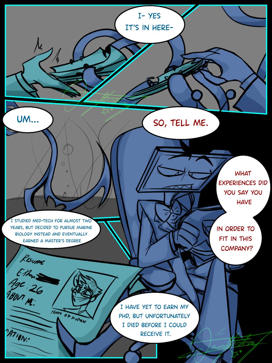 Omen_Stardray's tweet photo. Wait, I'm Your Assistant?! - A StaticEel Comic
(How I think Ethan got hired...)
(1/?)
#HazbinHotel #HazbinHotelEthan #HazbinHotelVox #HazbinFandom #HazbinHotel #Staticeel #Voxsistant #TVAssist #voxistant #VoxxEthan #EthanxVox https://t.co/pkPATXjY5G